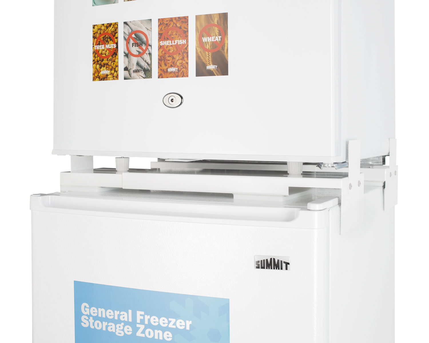 Stacked combination of the FFAR23L automatic defrost all-refrigerator with lock and the ENERGY STAR certified FF71ES refrigerator-freezer to create an allergy-sensitive zone and general purpose food and beverage storage
